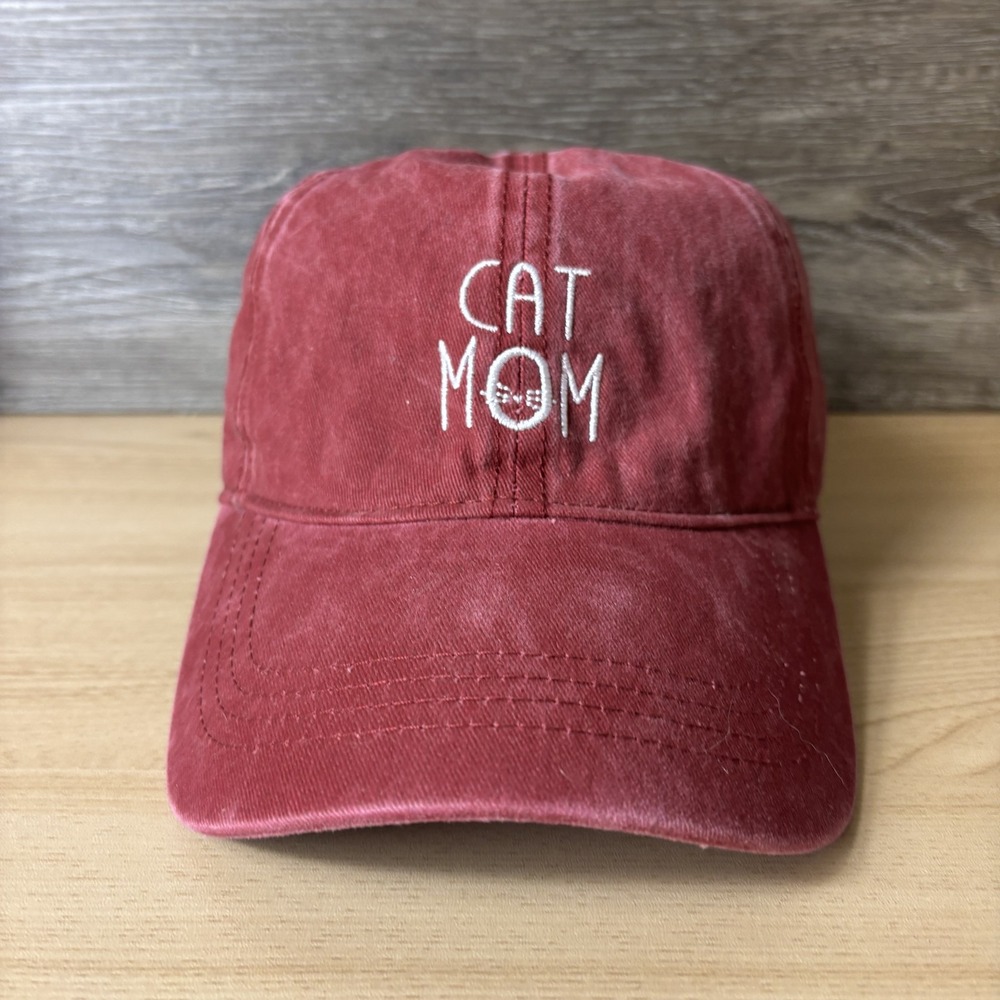 Cat Mom Hat Cap Strap Back Womens Red Embroidered David and Young Casual Cotton